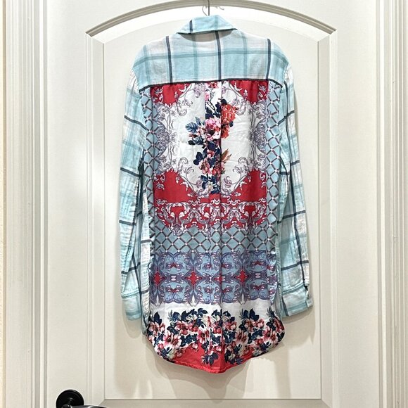 Tribal Jeans Button Blouse Top Small Plaid Front Floral Back - Picture 1 of 6